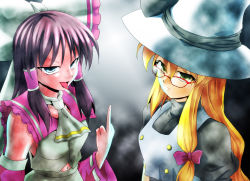 Rule 34 | 2girls, alternate color, ascot, bespectacled, blonde hair, blue eyes, bow, crossover, dark persona, detached sleeves, glasses, green eyes, hair bow, hair ribbon, hair tubes, hakurei reimu, hat, kamishima kanon, kirisame marisa, middle finger, multiple girls, out of character, piercing, purple hair, red-framed eyewear, ribbon, tongue, tongue out, tongue piercing, touhou, transformers, transformers shattered glass, tsurime, witch hat