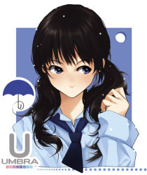 Rule 34 | 1girl, black hair, blue background, blue eyes, blue necktie, blue shirt, collared shirt, color guide, english text, engrish text, hair over shoulder, holding, holding own hair, long hair, long sleeves, looking away, looking to the side, necktie, original, portrait, ranguage, shirt, short necktie, solo, text focus, twintails, umbrella, wakatsuki sana, water drop, wet, wet hair