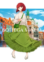 Rule 34 | 1girl, absurdres, arima kana, bag, blue sky, bob cut, building, cloud, commentary, earrings, floating hair, full body, green bag, green skirt, highres, inverted bob, jewelry, long sleeves, medium hair, open mouth, oshi no ko, outdoors, red eyes, red hair, ribbed sweater, shoulder bag, skirt, sky, solo, sweater, t.k.c, white background, white footwear, white sweater
