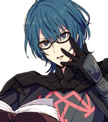 Rule 34 | 1boy, akasata, black gloves, blue eyes, blue hair, book, byleth (fire emblem), byleth (male) (fire emblem), fire emblem, fire emblem: three houses, glasses, gloves, highres, holding, holding book, looking at viewer, male focus, nintendo, portrait, solo