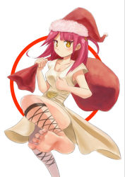 Rule 34 | 1girl, alternate eye color, barefoot, breasts, dress, feet, hat, highres, looking at viewer, magi the labyrinth of magic, morgiana, red hair, sack, santa hat, short hair, side ponytail, soles, solo, tauke, toes, yellow eyes