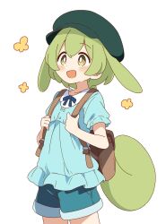 1girl :d absurdres animal_ears backpack bag blue_ribbon blue_shirt blue_shorts blush brown_bag commentary_request cowboy_shot dot_nose flower_(symbol) green_eyes green_hair green_hat hat highres long_hair neck_ribbon open_mouth ponytail ribbon shirt short_sleeves shorts simple_background smile solo voiceroid white_background zundamon zungurimukkuri_tarou