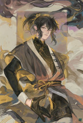 Rule 34 | 1boy, bishounen, black gloves, black hair, black kimono, brush (medium), commentary request, commission, cowboy shot, gloves, highres, japanese clothes, kimono, looking at viewer, male focus, original, red eyes, short hair, short sleeves, skeb commission, smoke, solo, ziqing (at zes)