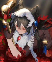 Rule 34 | 1girl, absurdres, black bow, black dress, black gloves, black hair, bow, dress, erune, eyelashes, from above, gloves, granblue fantasy, hair between eyes, highres, holding, holding microphone stand, light particles, light rays, long hair, long sleeves, medal, microphone stand, nier (granblue fantasy), red eyes, solo, wavy mouth, white headdress, zuraa (naunau seijin)