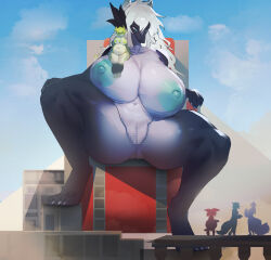Rule 34 | absurdres, breasts, building, censored, cloud, furry, furry female, giant, giantess, highres, huge breasts, long hair, mini person, minigirl, monster girl, mosaic censoring, multiple girls, sitting on breasts, size difference, sky, utta