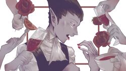 Rule 34 | 1boy, ascot, black eyes, cheekbones, cup, draluc (kyuuketsuki sugu shinu), drinking glass, flower, food, fork, fruit, hair slicked back, holding, holding cup, holding flower, kyuuketsuki sugu shinu, male focus, open mouth, pointy ears, red nails, spiked hair, strawberry, teacup, tongue, tongue out, upper body, vampire, white ascot, white background, wine glass