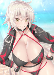 Rule 34 | 1girl, ahoge, bad id, bad pixiv id, beach, bikini, black bikini, black choker, black gloves, black jacket, blush, breasts, calcio, choker, closed mouth, collarbone, cropped jacket, fate/grand order, fate (series), gloves, highres, jacket, jeanne d&#039;arc alter (swimsuit berserker) (fate), jeanne d&#039;arc (fate), jeanne d&#039;arc alter (fate), jeanne d&#039;arc alter (swimsuit berserker) (fate), large breasts, long hair, long sleeves, looking at viewer, o-ring, o-ring bikini, ocean, shrug (clothing), silver hair, smile, sparkle, swimsuit, very long hair, yellow eyes