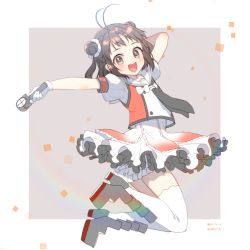 Rule 34 | 1girl, :d, antenna hair, arm behind head, arm up, black neckerchief, bloomers, blush, border, bow, commentary request, confetti, dated, double bun, frilled skirt, frills, from side, gloves, grey background, grey footwear, hair bun, high-waist skirt, holding, holding microphone, kantai collection, koruri, layered skirt, looking at viewer, looking to the side, microphone, naka (kancolle), naka kai ni (kancolle), neckerchief, open mouth, outside border, outstretched arm, puffy short sleeves, puffy sleeves, sailor collar, shin guards, shirt, short hair, short sleeves, signature, simple background, skirt, smile, solo, star-shaped pupils, star (symbol), symbol-shaped pupils, thighhighs, underwear, white border, white bow, white gloves, white sailor collar, white shirt, white thighhighs