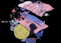 Rule 34 | 1girl, bed, black background, blue pajamas, box, chair, closed eyes, floating, floating hair, floating object, hasha, hat, instrument, lamp, lying, moon, nightcap, notebook, on back, original, pajamas, piano, pillow, planetary ring, plant, potted plant, shelf, solo