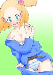 Rule 34 | 10s, 1girl, aksdas, battle girl (pokemon), blonde hair, blue eyes, blush, breasts, cleavage, clothes pull, collarbone, creatures (company), game freak, hair ornament, hairclip, hip focus, legs, nintendo, npc trainer, open mouth, panties, pokemon, pokemon xy, short hair, skirt, skirt pull, solo, striped clothes, striped panties, surprised, teeth, tongue, underwear
