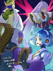 Rule 34 | 1girl, 3boys, absurdres, android, armor, black bodysuit, blue eyes, blue hair, bodysuit, breasts, commentary request, commission, from behind, from side, grey hair, head-mounted display, headphones, highres, lab coat, long hair, magazine (weapon), medium breasts, medium hair, mega man (classic), mega man (series), mega man ii, mega man x (series), mega man x dive, multiple boys, official alternate costume, omochi (mochi skymega), quint (mega man), rico (mega man), robot ears, robot girl, shoulder armor, skeb commission, smile, smoking, translation request, via (mega man), vile (mega man), yellow eyes
