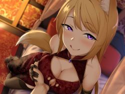 Rule 34 | 1girl, animal ears, aoi tiduru, bare shoulders, black gloves, black thighhighs, blonde hair, blurry, blurry background, blush, grabbing another&#039;s breast, breasts, china dress, chinese clothes, cleavage, cleavage cutout, closed mouth, clothing cutout, commentary request, dress, elbow gloves, fox ears, fox tail, gloves, grabbing, guided breast grab, guiding hand, indoors, kitsune, long hair, looking at viewer, medium breasts, mole, mole under eye, naughty face, on bed, original, pov, print dress, purple eyes, red dress, solo, solo focus, tail, thighhighs, tongue, tongue out