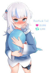 Rule 34 | 1girl, anal fluid, anal tail, blue hair, blue hoodie, blush, butt plug, english text, fake tail, feet out of frame, fins, fish tail, gawr gura, green eyes, green nails, hair ornament, heart, heart in eye, highres, hololive, hololive english, hood, hoodie, joy-con, like and retweet, long hair, long sleeves, meme, merrytail, nail polish, sex toy, shark hair ornament, shark tail, simple background, smile, solo, standing, symbol in eye, tail, tearing up, twitter strip game (meme), two side up, virtual youtuber, wavy mouth, white background, white hair, white hoodie