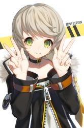 Rule 34 | 1boy, 1oo06, closers, double v, green eyes, grey hair, male focus, mistilteinn (closers), open mouth, short hair, simple background, smile, solo, v, white background