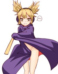 Rule 34 | 1girl, awkward, blonde hair, blush, brown hair, embarrassed, frown, miyo (ranthath), nude, pointy hair, simple background, solo, spoken blush, tears, touhou, toyosatomimi no miko, wavy mouth, white background, yellow eyes