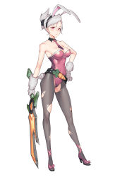 Rule 34 | animal ears, bare arms, battle bunny riven, black pantyhose, breasts, carrot, cleavage, covered navel, detached collar, fake animal ears, full body, gloves, groin, hand on own hip, high heels, highres, league of legends, leotard, necktie, pantyhose, pink eyes, pink necktie, playboy bunny, ponytail, rabbit ears, rabbit tail, riven (league of legends), silver hair, simple background, solo, standing, strapless, sword, tail, torn clothes, torn pantyhose, weapon, white background