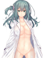 Rule 34 | 1girl, absurdres, bar censor, breasts, censored, closed mouth, collarbone, green eyes, green hair, hands in pockets, highres, light smile, looking at viewer, medium breasts, navel, open clothes, open shirt, pussy, riddle joker, shikibe mayu, shirt, shishin (shishintei), short hair, side ponytail, simple background, smile, solo, white background, white shirt