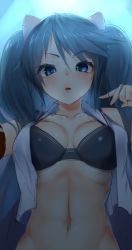 Rule 34 | 10s, 1girl, ayagi daifuku, bikini, bikini under clothes, blouse, blue eyes, blue hair, breasts, detached sleeves, gradient background, hair ribbon, isuzu (kancolle), kantai collection, long hair, looking at viewer, matching hair/eyes, open clothes, open mouth, open shirt, ribbon, shirt, solo, swimsuit, swimsuit under clothes, twintails, upper body