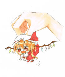Rule 34 | 1girl, :o, blonde hair, blush stickers, bow, crayon (medium), crystal, dress, fang, faux traditional media, flandre scarlet, hair bow, hair ribbon, looking away, marker (medium), mary janes, mini person, minigirl, open mouth, outstretched hand, petite, red dress, red eyes, ribbon, s-no (1925031), s-no (pixiv 4795447), shoes, short hair, side ponytail, solo, touhou, traditional media, wings