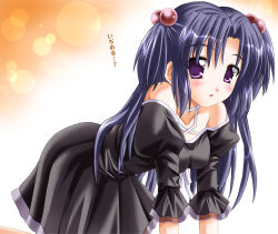 Rule 34 | 00s, 1girl, all fours, bare shoulders, blue hair, blush, clannad, dress, frills, hair bobbles, hair ornament, ichinose kotomi, long hair, looking at viewer, otoki raku, parted lips, purple eyes, simple background, solo, two side up, wallpaper