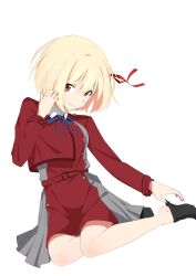 1girl absurdres belt black_socks blonde_hair blue_ribbon bob_cut closed_mouth commentary dress full_body grey_dress hair_ribbon hand_in_own_hair highres long_sleeves lycoris_recoil lycoris_uniform neck_ribbon nishikigi_chisato pleated_dress red_belt red_dress red_eyes red_ribbon ribbon seiza short_hair simple_background sitting smile sock_pull socks solo tsuchinomo two-tone_dress white_background