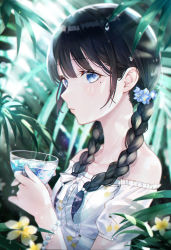 Rule 34 | 1girl, bad id, bad pixiv id, bare shoulders, blue eyes, blue flower, blurry, blurry background, bracelet, braid, commentary, cup, depth of field, dress, english commentary, flower, hair between eyes, hair flower, hair ornament, hair over shoulder, hands up, highres, holding, holding cup, iren lovel, jewelry, long hair, low twintails, mole, mole under eye, off-shoulder dress, off shoulder, original, parted lips, pearl bracelet, puffy short sleeves, puffy sleeves, revision, short sleeves, solo, transparent, twin braids, twintails, water drop, white dress, white flower