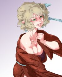 Rule 34 | 1girl, blonde hair, breasts, clenched teeth, green eyes, japanese clothes, kimono, mago (gengennikoniko), mizuhashi parsee, nipples, off shoulder, open clothes, pointy ears, short hair, solo, teeth, touhou
