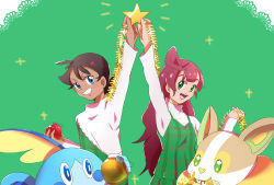 Rule 34 | 1boy, 1girl, antenna hair, arms up, black hair, chloe (pokemon), christmas ornaments, creatures (company), dark skin, game freak, gen 8 pokemon, goh (pokemon), green background, grin, hair down, hatsu8282, highres, long hair, long sleeves, looking at viewer, maroon hair, nintendo, open mouth, outstretched arms, pokemon, pokemon (anime), pokemon journeys, short hair, smile, sobble, spiked hair, star (symbol), teeth, yamper
