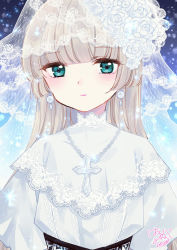 Rule 34 | 1girl, 2017, aged up, aqua eyes, blonde hair, blue background, blunt bangs, capelet, closed mouth, cross, dated, earrings, flower, gosick, gradient background, green eyes, hair flower, hair ornament, harugamitsu, hime cut, jewelry, lace, light smile, necklace, rosary, rose, signature, solo, upper body, veil, victorica de blois, white flower, white rose