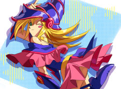 Rule 34 | 1girl, blonde hair, blush, blush stickers, dark magician girl, duel monster, emmmerald, female focus, looking at viewer, one eye closed, smile, solo, wink, yu-gi-oh!, yu-gi-oh! duel monsters