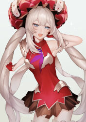 Rule 34 | 1girl, :d, absurdres, bare shoulders, blue eyes, breasts, cowboy shot, dress, fate/grand order, fate (series), flower, gloves, grey hair, hat, highres, large hat, long hair, looking at viewer, marie antoinette (fate), open mouth, pleated skirt, red dress, red gloves, skirt, sleeveless, sleeveless dress, small breasts, smile, solo, sumi (gfgf 045), thighs, twintails, very long hair, white hair