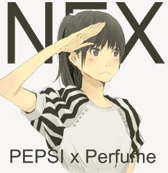 Rule 34 | a~chan, bad id, bad pixiv id, blush, brown eyes, brown hair, dress, frown, grey background, neck, nose, pepsi, pepsixperfume, perfume (band), ponytail, salute, short sleeves, solo, striped, studs, text focus, yoshito