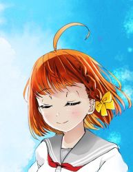 Rule 34 | 1girl, artist name, artist request, blue sky, blush, bow, cloud, clover hair ornament, collarbone, detached sleeves, closed eyes, female focus, hair bow, hair ornament, hairclip, long sleeves, looking at viewer, love live!, love live! sunshine!!, orange hair, outdoors, parted lips, red neckwear, ribbon, sailor collar, school uniform, shirt, shoc0s, short hair, sky, smile, solo, takami chika, white shirt, yellow bow