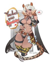 Rule 34 | 1girl, animal ears, breasts, commission, dark-skinned female, dark skin, english text, gradient hair, grey hair, heart, large breasts, leopard ears, leopard girl, leopard tail, licking lips, multicolored hair, navel, orange hair, original, pink eyes, short hair, sin (sintrybest), solo, speech bubble, spoken heart, stomach growling, tail, tongue, tongue out, twitter username