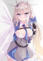 Rule 34 | 1girl, absurdres, between breasts, black gloves, blonde hair, blue bow, blue capelet, blue eyes, blue necktie, blue ribbon, bow, breasts, capelet, curtains, dress, gloves, gradient background, grey background, grey capelet, grey dress, hair between eyes, hair ribbon, headgear, highres, hizaka, kantai collection, large breasts, long hair, looking at viewer, low twintails, maryland (kancolle), multicolored capelet, necktie, necktie between breasts, one-hour drawing challenge, pleated dress, radio antenna, ribbon, shirt, simple background, sleeveless, strapless, strapless dress, twintails, twitter username, white background, white shirt