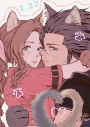 Rule 34 | 1boy, 1girl, :3, aerith gainsborough, animal ears, animal hands, armor, arms around neck, arms up, black hair, blue eyes, brown hair, cat ears, cat girl, cat paws, cat tail, commentary, couple, dated, facial scar, fang, final fantasy, final fantasy vii, green eyes, grey background, hair ribbon, hair slicked back, heart, heart tail, hetero, highres, hug, jacket, kemonomimi mode, long hair, looking at viewer, ninnin5tora, parted bangs, parted lips, pauldrons, paw print, pink ribbon, ponytail, red jacket, ribbon, scar, scar on cheek, scar on face, shoulder armor, sidelocks, signature, smile, tail, upper body, wavy hair, whiskers, zack fair
