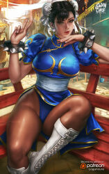 Rule 34 | 1girl, absurdres, artist name, black hair, bracelet, bun cover, capcom, chinese clothes, chun-li, double bun, earrings, english text, hair bun, highres, jewelry, lips, logan cure, looking at viewer, pantyhose, patreon logo, pearl earrings, puffy short sleeves, puffy sleeves, realistic, short sleeves, spiked bracelet, spikes, street fighter, thick thighs, thighs, v, watermark, web address, white footwear