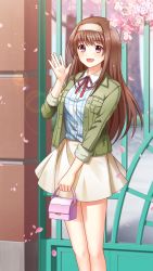 Rule 34 | 1girl, :d, blue shirt, blush, brown hair, cherry blossoms, collared shirt, doukyuusei another world, dress shirt, game cg, green jacket, hairband, holding, jacket, kakyuusei, lens flare, long hair, long sleeves, looking at viewer, miniskirt, neck ribbon, official art, open clothes, open jacket, open mouth, outdoors, plaid, plaid shirt, pleated skirt, red eyes, red ribbon, ribbon, shirt, skirt, smile, solo, standing, very long hair, waving, white hairband, white skirt, wing collar, yuuki mizuho