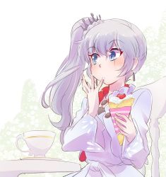 Rule 34 | 1girl, blue eyes, check commentary, commentary request, cream, crepe, cup, earrings, floral background, food, fruit, hair ornament, iesupa, jewelry, licking, licking finger, rwby, saucer, scar, scar across eye, scar on face, strawberry, teacup, weiss schnee, white hair