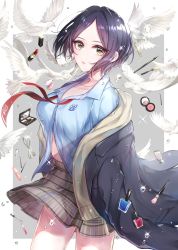 Rule 34 | 1girl, absurdres, arched back, bird, blue hair, blue jacket, blue shirt, bobby pin, border, breasts, cleavage, collarbone, dove, eyelash curler, eyelashes, floating, floating object, grey background, hair ornament, hairclip, hand mirror, hayami kanade, highres, idolmaster, idolmaster cinderella girls, jacket, jewelry, lipstick, looking at viewer, mairo, makeup, makeup brush, medium breasts, midriff peek, mirror, nail polish bottle, necklace, necktie, off shoulder, open clothes, open jacket, parted bangs, plaid, plaid skirt, red necktie, school uniform, shirt, short hair, skirt, solo, thighs, water drop, white border, wind, wind lift, yellow eyes