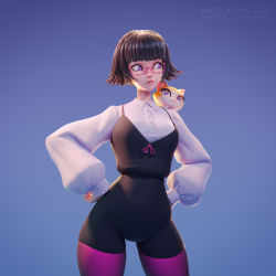 Rule 34 | 1girl, 1other, animal, animal on shoulder, black hair, black shorts, blouse, bright pupils, cat, cat on shoulder, cowboy shot, glasses, gradient background, hands on own hips, high-waist shorts, highres, leaning to the side, leggings, lisa (ilya kuvshinov), long sleeves, looking at another, medium hair, ninjason chan, orange cat, pink eyes, puffy sleeves, purple background, shirt, shorts, simple background, skin tight, standing, white pupils, white shirt