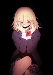 Rule 34 | 1girl, :d, abiko yuuji, alternate hairstyle, blonde hair, blunt bangs, blush, boku no hero academia, bow, bowtie, fangs, hand on own face, hands up, highres, jacket, knee up, long hair, long sleeves, looking at viewer, miniskirt, official alternate costume, open mouth, plaid, plaid skirt, pleated skirt, red bow, red bowtie, sitting, skirt, smile, socks, solo, teeth, toga himiko, yellow eyes