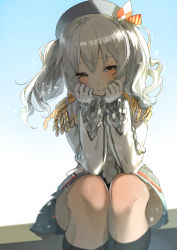 Rule 34 | 10s, 1girl, beret, black legwear, blurry, brown eyes, depth of field, epaulettes, frilled sleeves, frills, gloves, hands on own cheeks, hands on own face, hat, jacket, kantai collection, kashima (kancolle), long hair, military jacket, pleated skirt, shironboako, sidelocks, silver hair, sitting, skirt, smile, solo, tsurime, twintails, uniform, white gloves