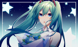 Rule 34 | 1girl, :o, aqua hair, aqua necktie, asd13, bad id, bad pixiv id, bare shoulders, blue background, blue eyes, blue flower, blue rose, blush, bouquet, commentary request, crying, crying with eyes open, detached sleeves, flower, gradient background, hatsune miku, highres, long hair, necktie, open mouth, rose, shirt, solo, star (symbol), star in eye, symbol in eye, tears, twintails, upper body, vocaloid, white shirt