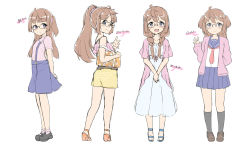Rule 34 | 1girl, amemiya sekira, arm up, arms behind back, bag, belt, black footwear, blouse, blue eyes, blue footwear, blue skirt, blush, brown footwear, brown hair, closed mouth, collared shirt, dress, fashion, from behind, from side, full body, glasses, hair ornament, hair scrunchie, handbag, highres, jacket, long hair, long sleeves, looking at viewer, mary janes, multiple views, necktie, off shoulder, open clothes, open jacket, open mouth, original, panties, pink jacket, pink shirt, profile, red necktie, sailor collar, sandals, school uniform, scrunchie, see-through, sekira ame, serafuku, shirt, shoes, short sleeves, shorts, simple background, sketch, skirt, sleeves past wrists, smile, socks, standing, striped clothes, striped panties, suspender skirt, suspenders, underwear, v arms, variations, waving, white background, white dress, white panties, white shirt, yellow shorts