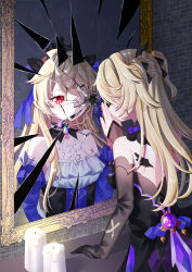 Rule 34 | 1girl, absurdres, bare shoulders, bat ornament, blonde hair, bow, bowtie, breasts, broken mirror, candle, collar, commentary, dress, eyepatch, fischl (ein immernachtstraum) (genshin impact), fischl (genshin impact), genshin impact, gloves, hair over one eye, hair ribbon, highres, long hair, medium breasts, mirror, mochi mochi052, purple bow, purple bowtie, purple ribbon, red eyes, reflection, ribbon, solo, two side up, vision (genshin impact)
