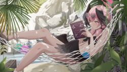 Rule 34 | 1girl, bag, bare shoulders, bikini, black bikini, black footwear, black wings, blue archive, book, commentary request, day, doran (dorannomai), eyewear on head, feathered wings, hair over shoulder, hammock, head wings, heart, heart-shaped eyewear, highres, holding, holding book, koharu (blue archive), koharu (swimsuit) (blue archive), long hair, low twintails, low wings, lying, on back, open book, outdoors, pink-framed eyewear, pink hair, red eyes, river, sandals, solo, sunglasses, swimsuit, twintails, water, wings