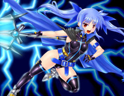 Rule 34 | 1girl, armor, belt, black thighhighs, blue hair, boots, cape, fang, gao (naodayo), greaves, hair ribbon, highres, holding, leotard, levi the slasher, long hair, looking at viewer, lyrical nanoha, mahou shoujo lyrical nanoha innocent, levi the slasher, open mouth, red eyes, ribbon, smile, solo, thigh boots, thighhighs, twintails, vulnificus