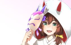 Rule 34 | 1girl, :d, bow, brown hair, commentary request, fang, fox mask, gradient background, green eyes, hair between eyes, hair bow, hair over shoulder, happy tears, highres, holding, holding mask, hood, hood up, inari one (umamusume), japanese clothes, kimono, looking at viewer, mask, open mouth, pink background, portrait, simple background, smile, solo, tears, thin (suzuneya), uchikake, umamusume, white background, yellow bow