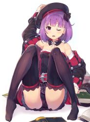 Rule 34 | 1girl, bare shoulders, black panties, black thighhighs, commentary request, detached collar, detached sleeves, fate/grand order, fate (series), flat chest, hat, helena blavatsky (fate), helena blavatsky (third ascension) (fate), jacket, looking at viewer, panties, purple eyes, purple hair, sefirot, short hair, solo, spread legs, strapless, sumisu (mondo), thighhighs, underwear